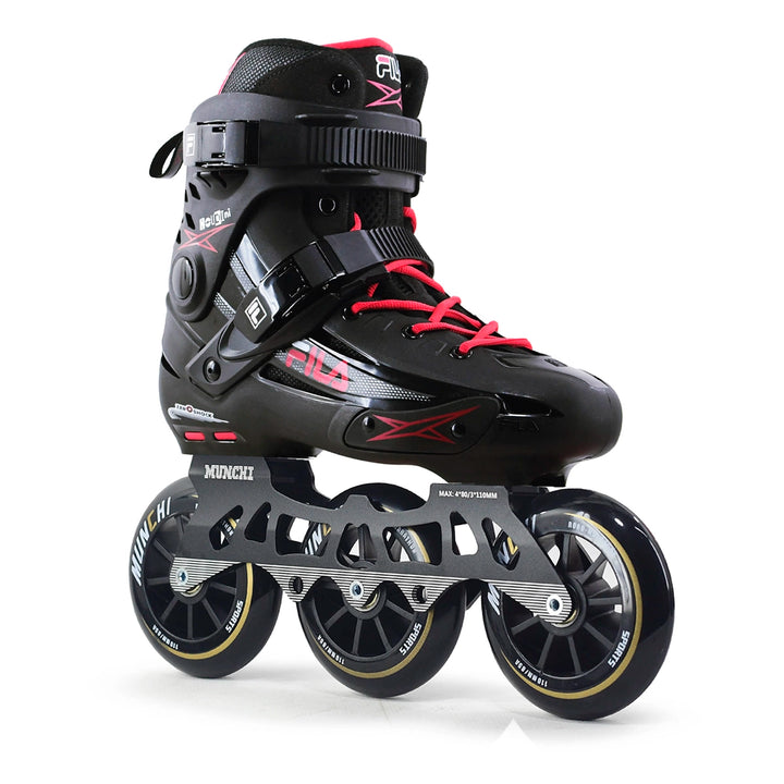 Patins Fila Houdini Profissional Preto e Vermelho Base Híbrida 110mm Abec7 Rodas Munchi
