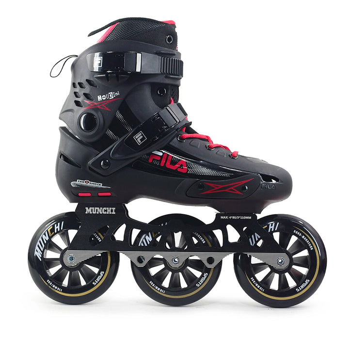 Patins Fila Houdini Profissional Preto e Vermelho Base Híbrida 110mm Abec7 Rodas Munchi